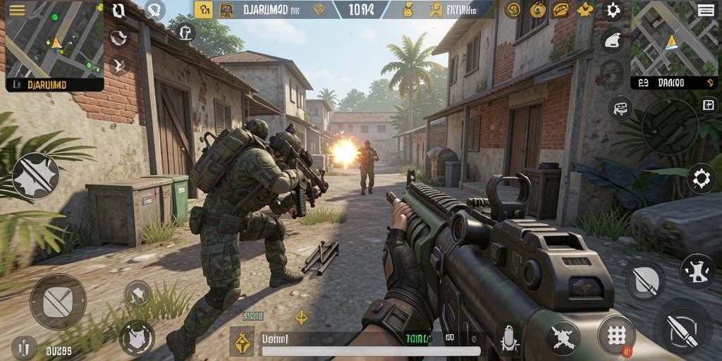 Screenshot menunjukkan karakter bertarung di arena TPS yang dinamis.