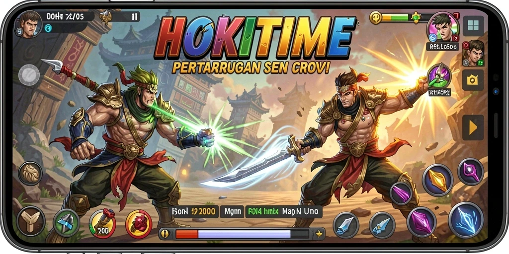 Tampilan gameplay HOKITIME yang menegangkan dengan karakter bertarung.
