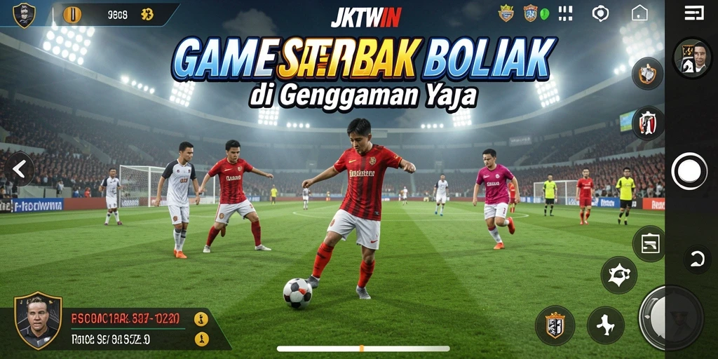 Screenshot utama JKTWIN menampilkan aksi pemain dalam pertandingan sepak bola.