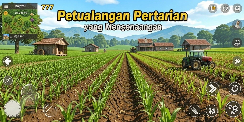 Screenshot gameplay LENGKAP777 menampilkan petani yang merawat ladang hijau.