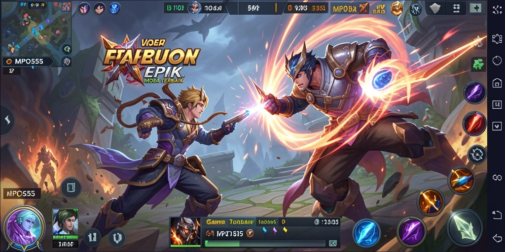 Screenshot MPO555 menampilkan karakter dalam aksi pertarungan MOBA yang intens.