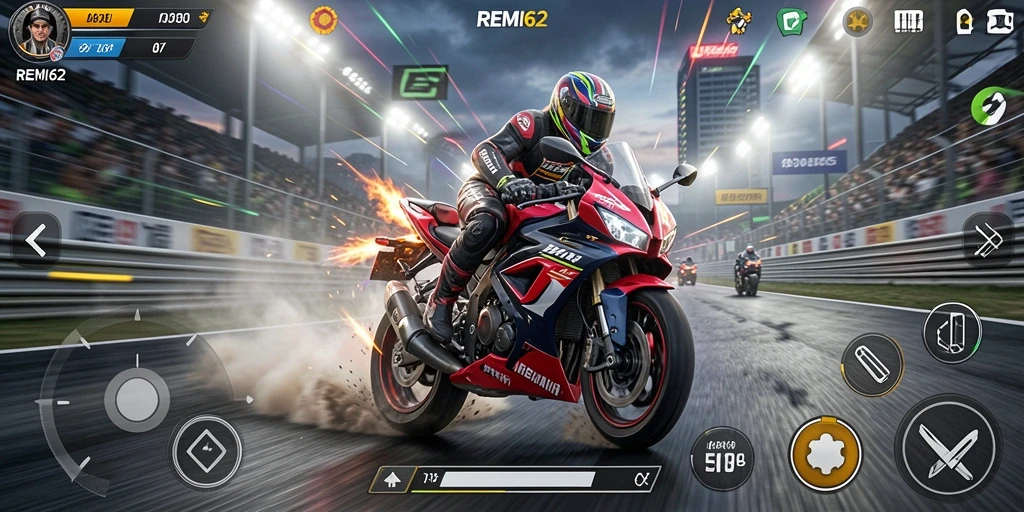 Screenshot gameplay REMI62 menampilkan balapan motor yang intens dan mendebarkan.