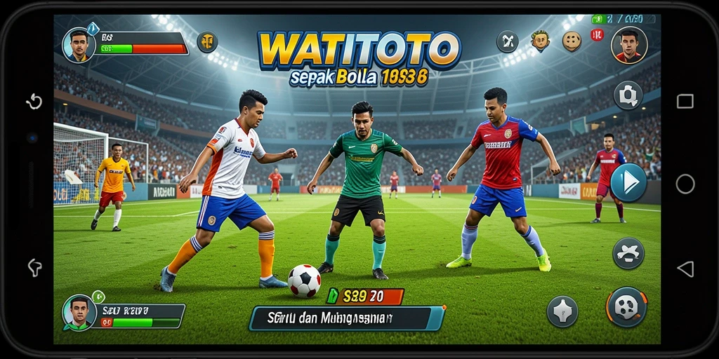 Screenshot gameplay WATITOTO menampilkan aksi seru dalam pertandingan sepak bola.