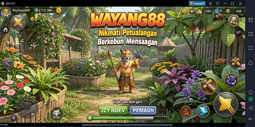 Tampilan screenshot game WAYANG88 yang menampilkan kebun yang indah dan berwarna-warni.